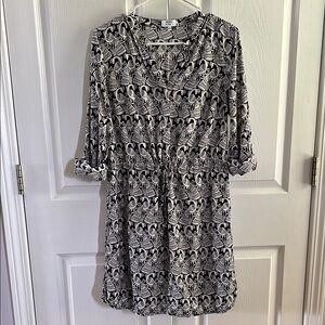 Crown & Ivy Navy and White Cuffed Sleeve Sundress with Peacock Print